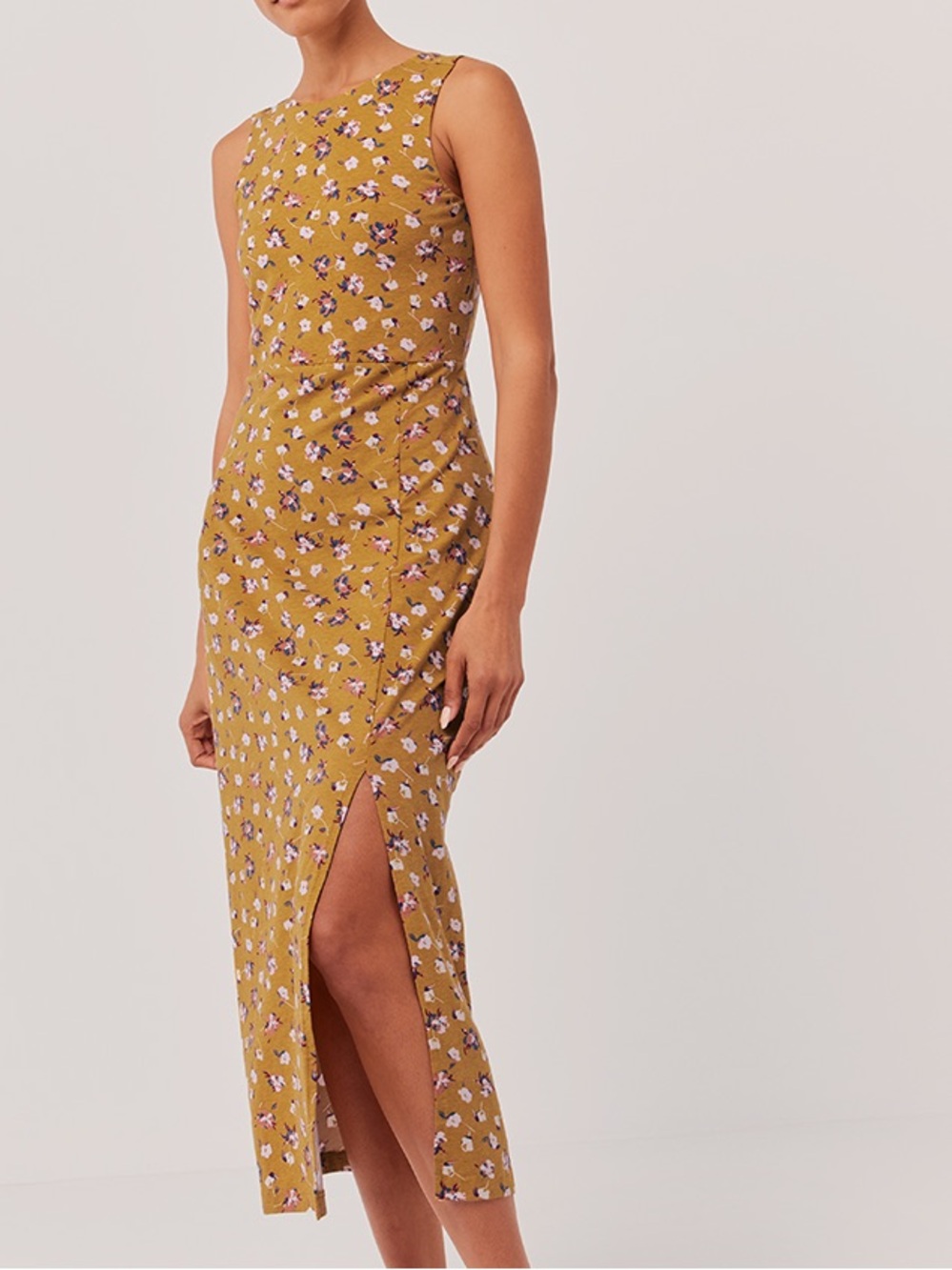 Pact The Soirée Fitted Tank Mustard Floral Maxi Dress Side Slit Organic Cotton